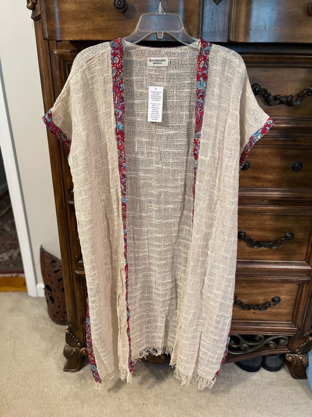 Kathmandu Cream Open-Weave Duster with Red Paisley Trim
